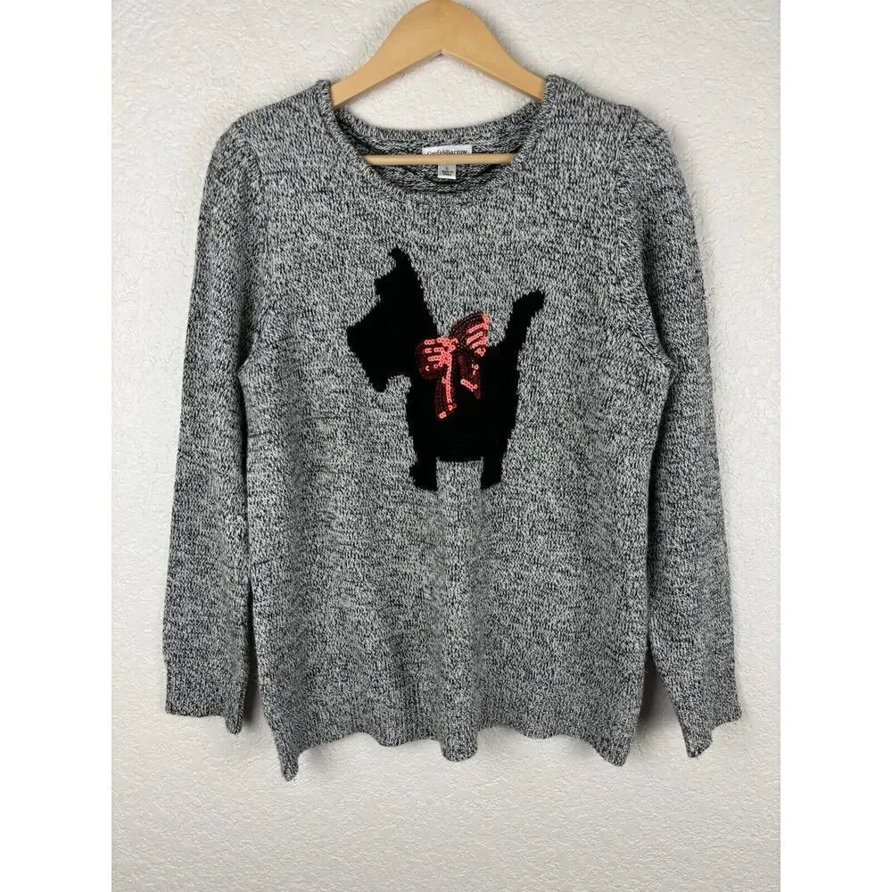 Croft & Barrow Scottie Dog Sweater Gray Womens Large Preppy Granny Grandmacore
